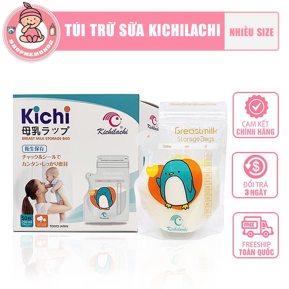 Túi trữ sữa Kichilachi 250ml, Túi đựng sữa mẹ an toàn cho bé, 2 khóa Ziper, Có vòi rót (Hộp 50 Túi)