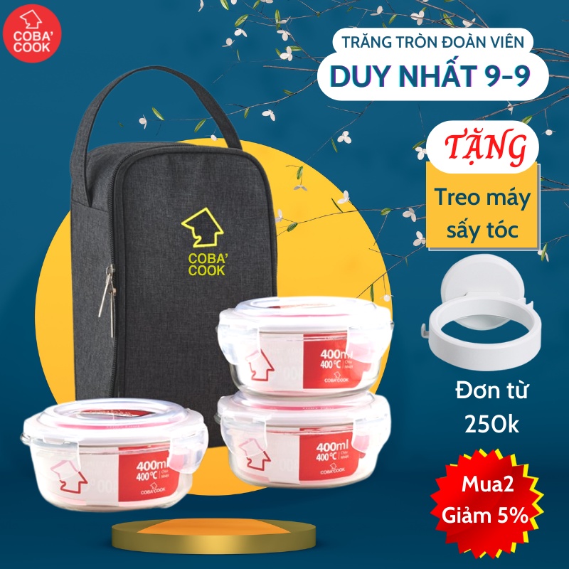 [Mã BMBAU50] Bộ túi hộp đựng thủy tinh COBA'COOK gồm 3 hộp tròn 400ml và 1 túi giữ nhiệt với- CCR43BL