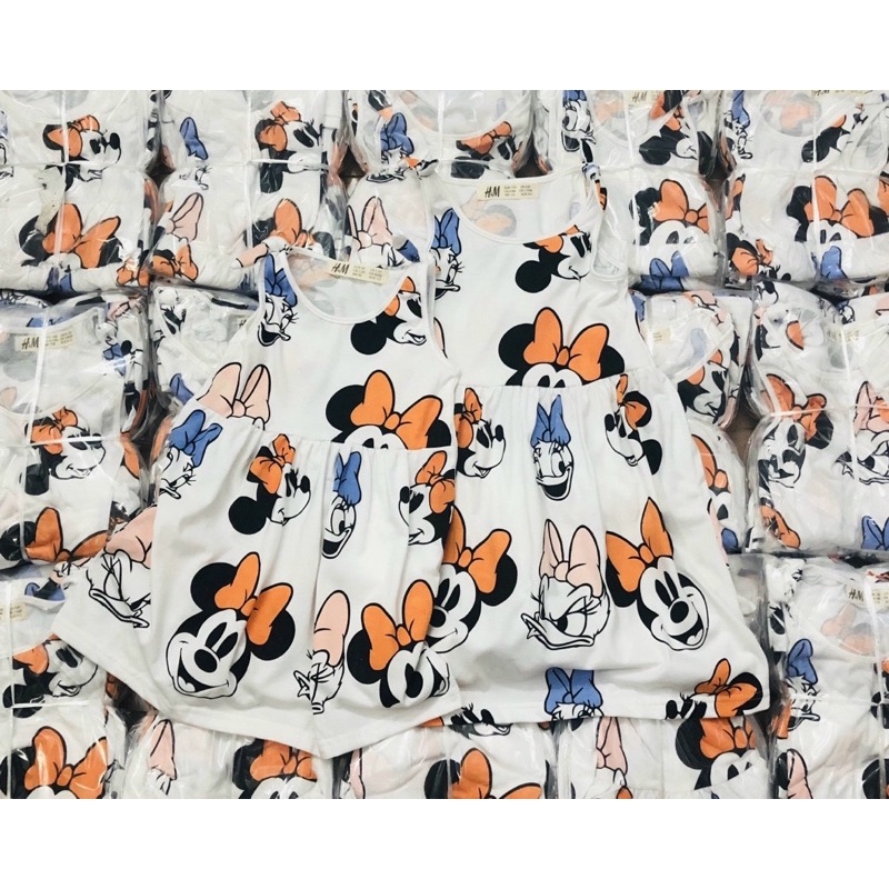 Váy sát nách thắt nơ hoạ tiết Minnie hm cho bé gái màu trắng size từ 12-32 cân