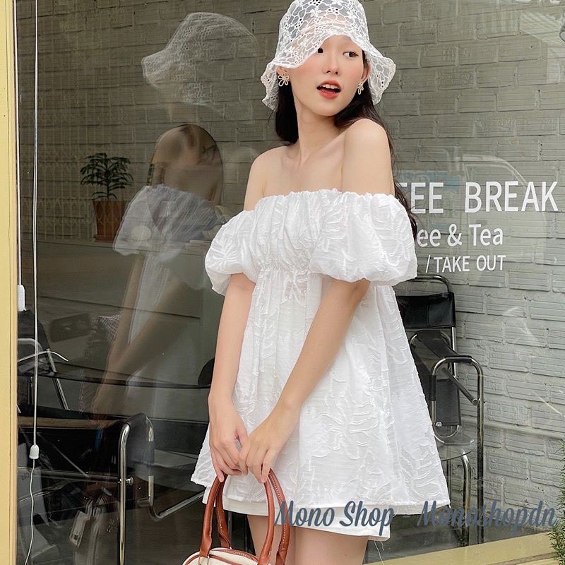 [Sẵn] Áo ren trễ vai tay bo nhún ngực trễ vai hoa chìm siêu xinh