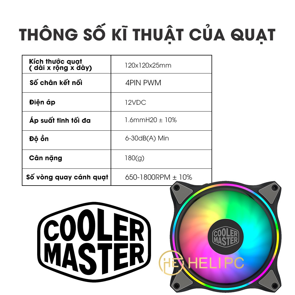 Quạt tản nhiệt case máy tính Cooler Master MasterFan MF120 HALO - LED Rainbow ARGB 2 vòng ring- Quạt MasterFan Case 12cm