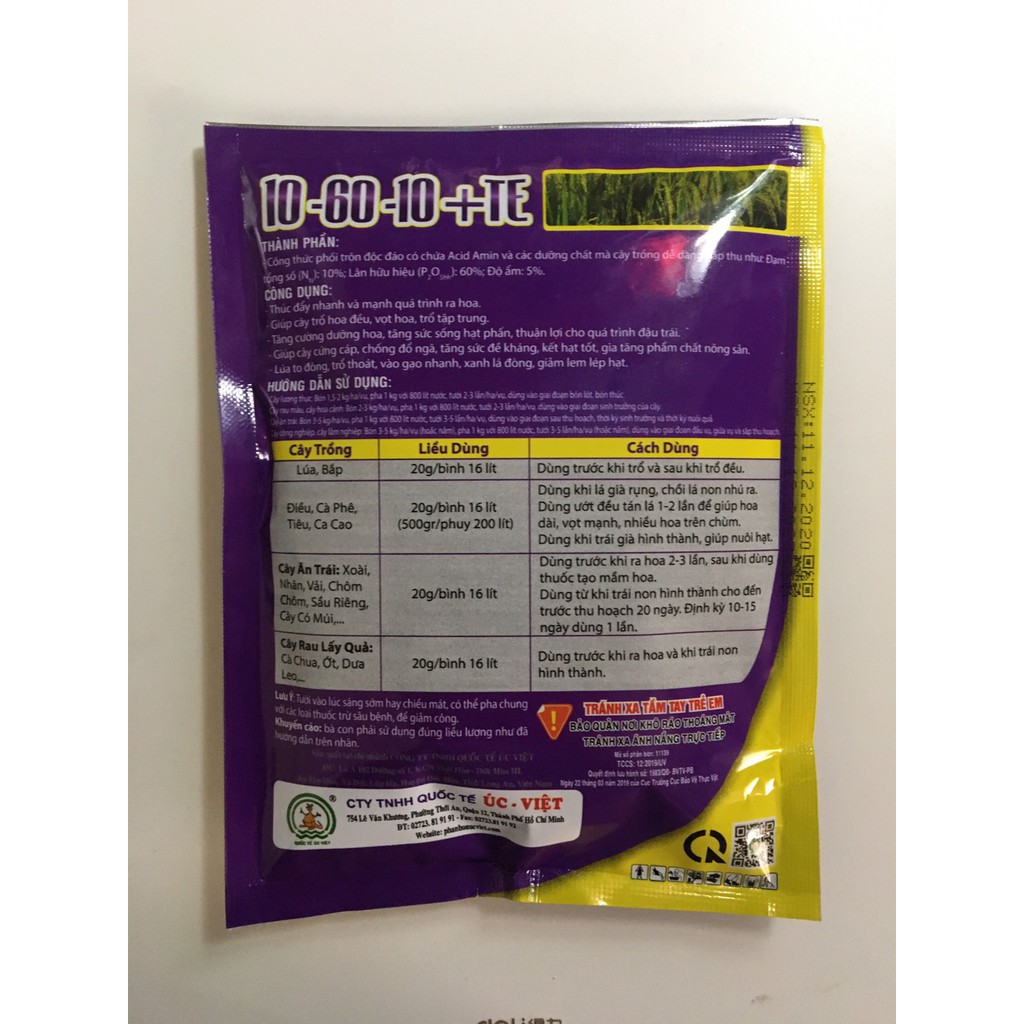 Phân bón lá 10-60 gói 250 gram  , phân hóa mầm hoa tạo nụ cho Mai Vàng