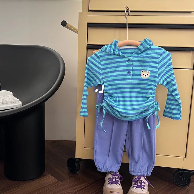 Bộ Đồ Thể Thao Hai Mảnh Gồm Áo Thun Tay Dài Có Nón Họa Tiết Kẻ Sọc Xanh Dương Phong Cách Nhật Bản + Quần Thể Thao Hàng Mới Dành Cho Bé Gái 81023