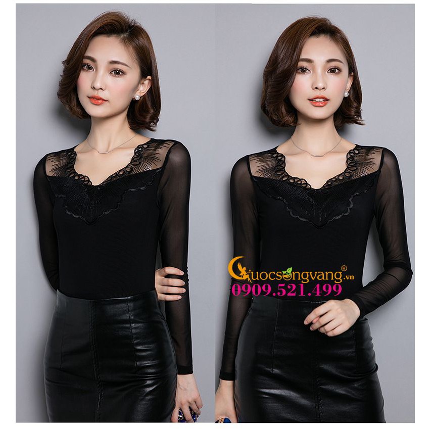Áo nữ áo thun nữ dài tay dáng ôm cổ phối ren GLA076 Cuocsongvang