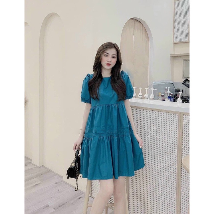 Đầm babydoll tay phồng xanh navy Váy cổ tròn đuôi cá xinh xắn