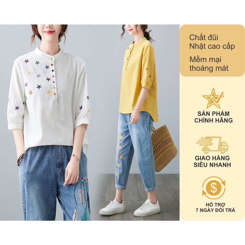 Áo sơ mi nữ tay lỡ cổ trụ thêu họa tiết lạ mắt, chất đũi hàng VNXK (SP18)