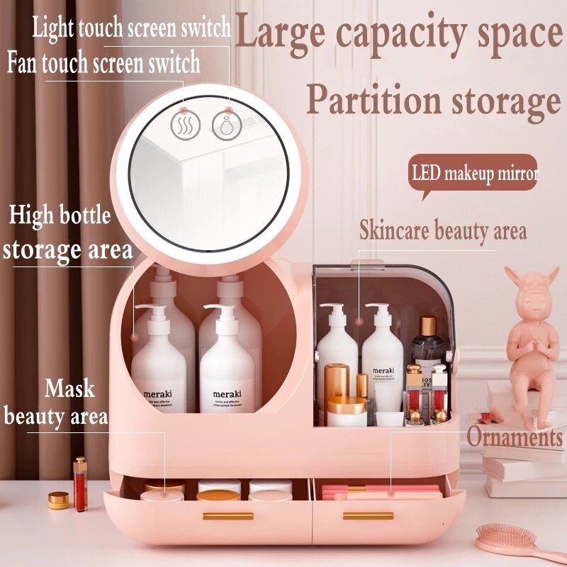 Tủ đựng mỹ phẩm - Có gương quạt và đèn led selfie - đẳng cấp cá tính Cosmetic storage box with light and fan