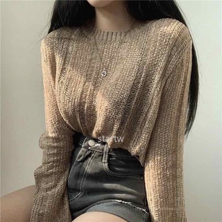 Ice Silk Rỗng Dệt Kim Áo Nữ Lười Rời Ngoài Mặc Mỏng Áo Chui Đầu Dài Tay Sw