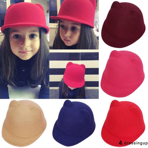 Fashion Kids Girls Devil Hat Cute Kitty Cat Ears Wool Derby Bowler