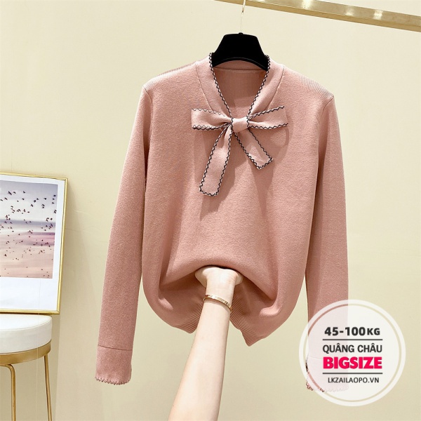 BIGSIZE Nữ (45-100kg) Áo sweater dệt kim dáng rộng phối nơ xinh xắn | BigBuy360 - bigbuy360.vn