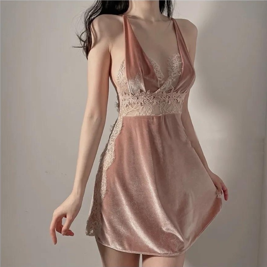 Đồ ngủ Hai Dây Vải Nhung Phối Ren Kiểu Công Chúa Pháp Cổ Điển Quyến Rũ Cho Nữ