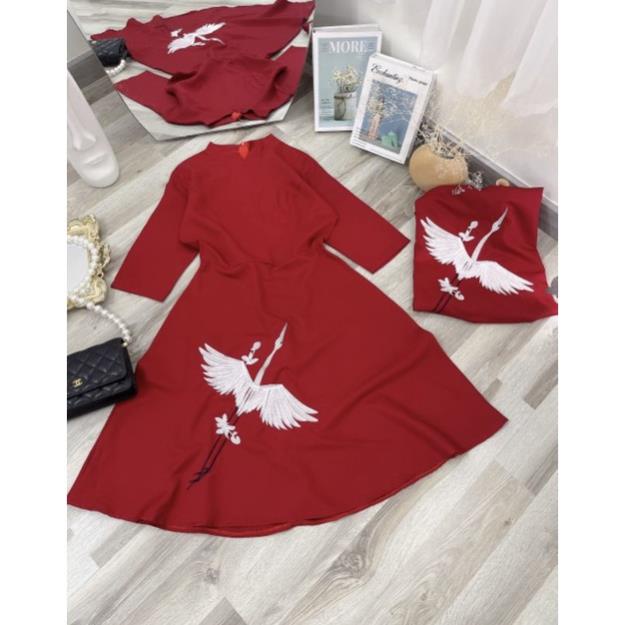 Đầm đỏ tết VAYO Váy đi chơi tết cách tân nữ chim hạc tay ngắn đầm xòe đẹp thời trang dưới 53kg | BigBuy360 - bigbuy360.vn