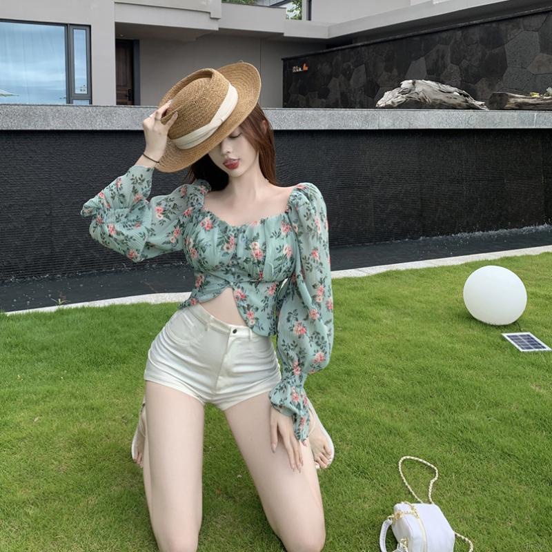 Áo croptop tay dài phồng cổ vuông in họa tiết hoa phong cách Hàn Quốc thời trang cổ điển quyến rũ cho nữ