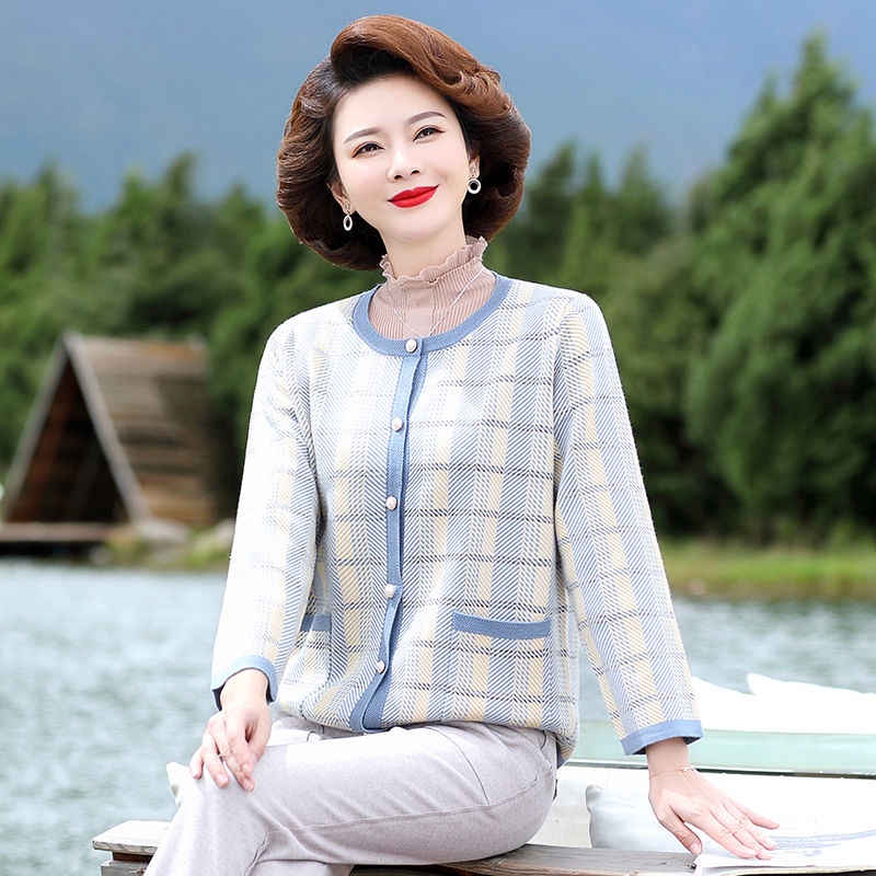 Mẹ mùa xuân đan áo khoác kẻ sọc trung niên ngắn của phụ nữ