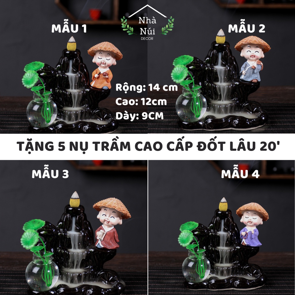 Tiểu cảnh thác khói trầm hương thiên nhiên khói tỏa ngược có chú tiểu, nhang trầm không tăm, chất liệu sứ cao cấp T5