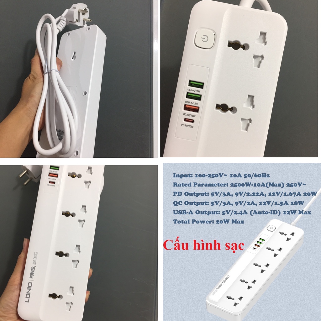 Ổ cắm đa năng 2500W tích hợp sạc nhanh PD20W QC18W LDNIO SC5415