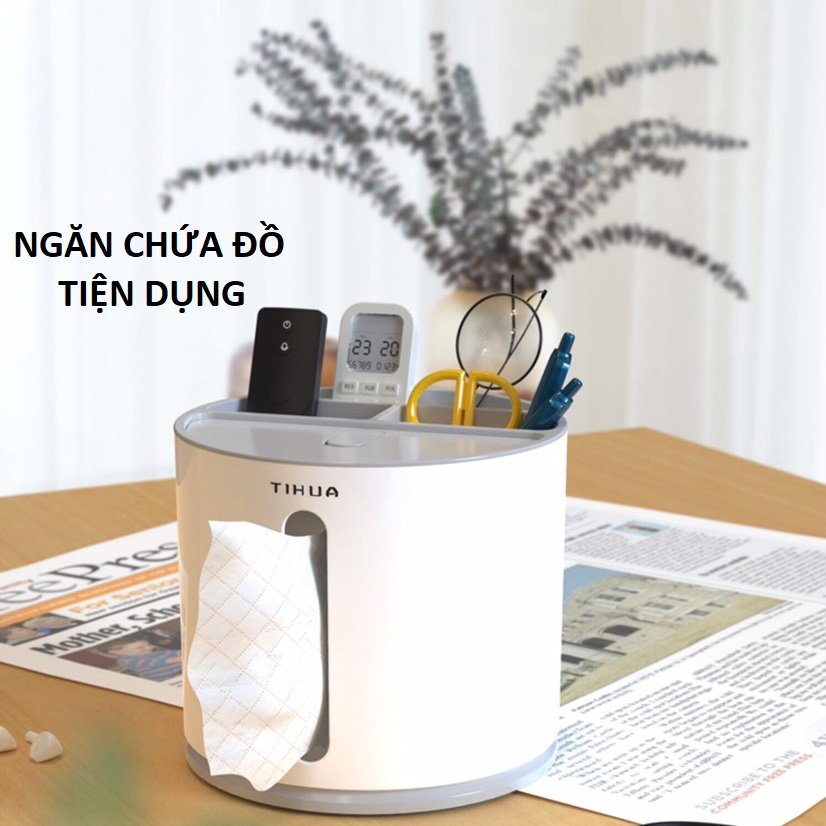 Hộp Đựng Giấy Ăn Xoay 360 Độ Để Bàn, Có Ngăn Để Đồ Đa Năng - hàng chính hãng