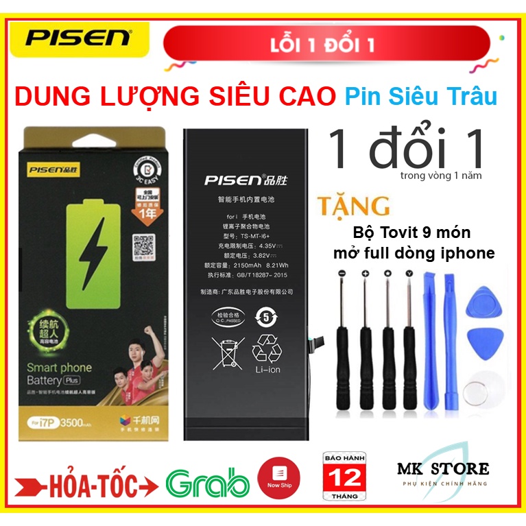 Pin ĐT táo PISEN ĐT táo TĂNG Dung Lượng SIÊU CAO-DÙNG SIÊU TRÂU cho 6G,6P,6S,6SP,7G,7P,8G,8P,X