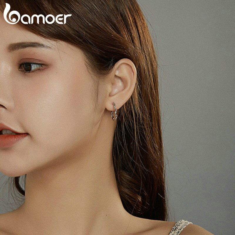 BAMOER Bông Tai Gợn Sóng Chất Liệu Bạc 925 6mm SCE976