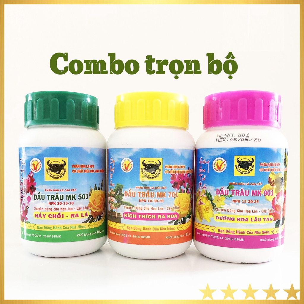 Bộ 3 lọ phân bón lá đầu trâu 501, 701, 901 chăm sóc lan - Lọ 100 gam