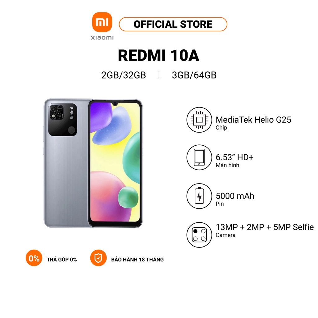 Điện thoại thông minh XIAOMI Redmi 10A 2GB+32GB/3GB+64GB MediaTek Helio G25 | 6,53&quot; HD+
