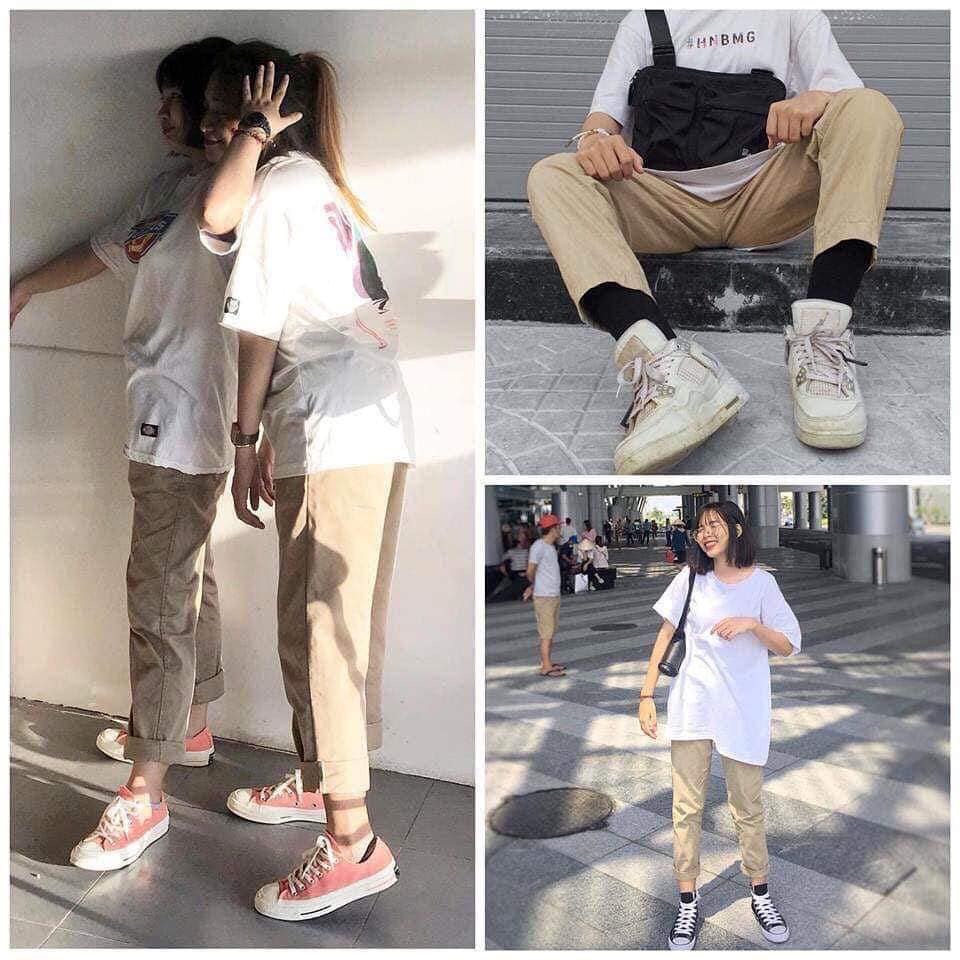 Quần kaki nam nữ baggy ống rộng basic unisex - kiểu quần kaki ống suông t đen và be tan Tom Store