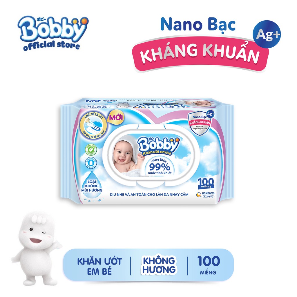 [Mã FMCG80 giảm 10% đơn từ 400K] Khăn ướt Bobby không mùi 100 miếng (Xanh)