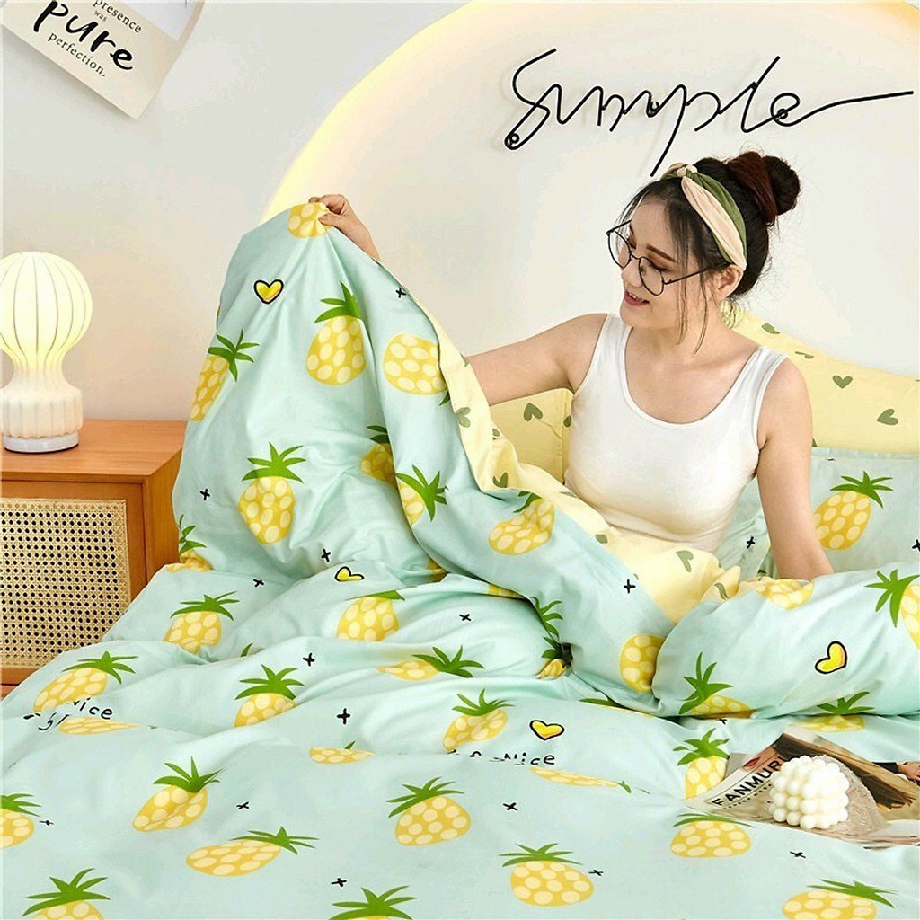 Bộ Chăn Ga Gối Cotton Poly Dứa Xanh Lá