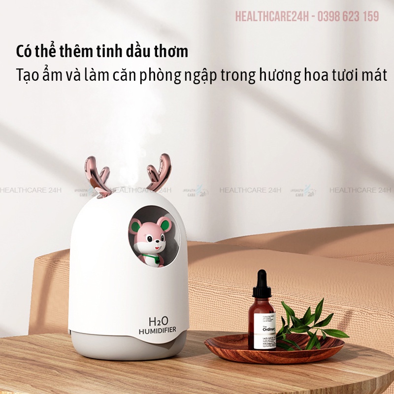 Máy phun sương tạo độ ẩm không khí để bàn 300ml, có đèn ngủ đổi màu, hình ngộ nghĩnh Healthcare24h G005