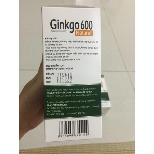 Ginkgo 600 viên uống hoạt huyết dưỡng não hộp 100viên