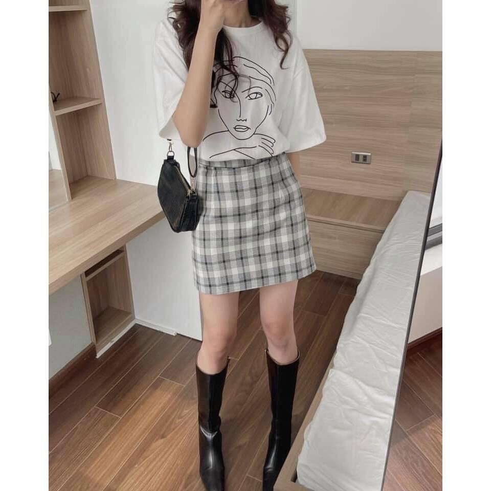 Set áo thun cô gái mix chân váy kẻ có quần trong - Set bộ nữ thời trang freesize giá siêu rẻ | BigBuy360 - bigbuy360.vn