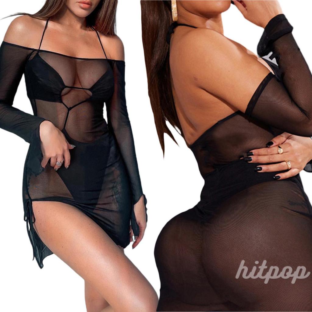 Hitpop-Women’s Casual Long Sleeve Dress Fashion Perspective Mesh Yarn Tie-up Slit Skinny Dress