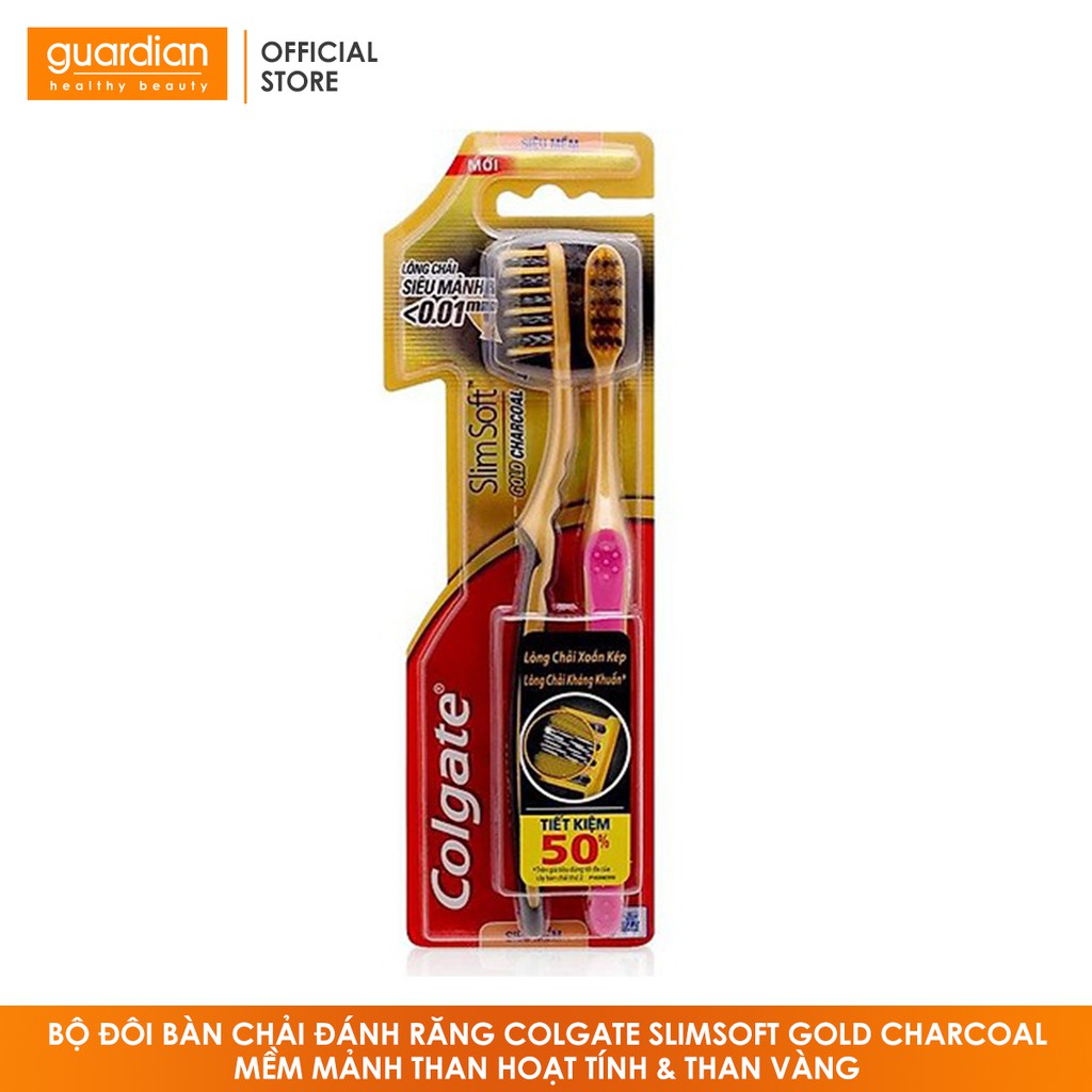 Bộ đôi Bàn chải đánh răng Colgate SlimSoft Gold Charcoal Mềm mảnh Than hoạt tính &amp; than vàng