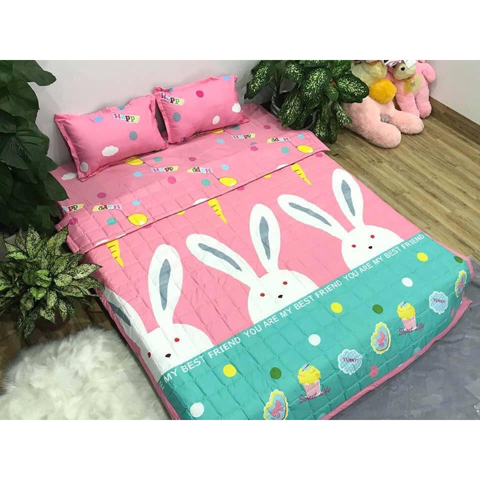 Bộ thỏ hồng 5 món chăn ga vỏ gối cotton poly - Đủ kích thước