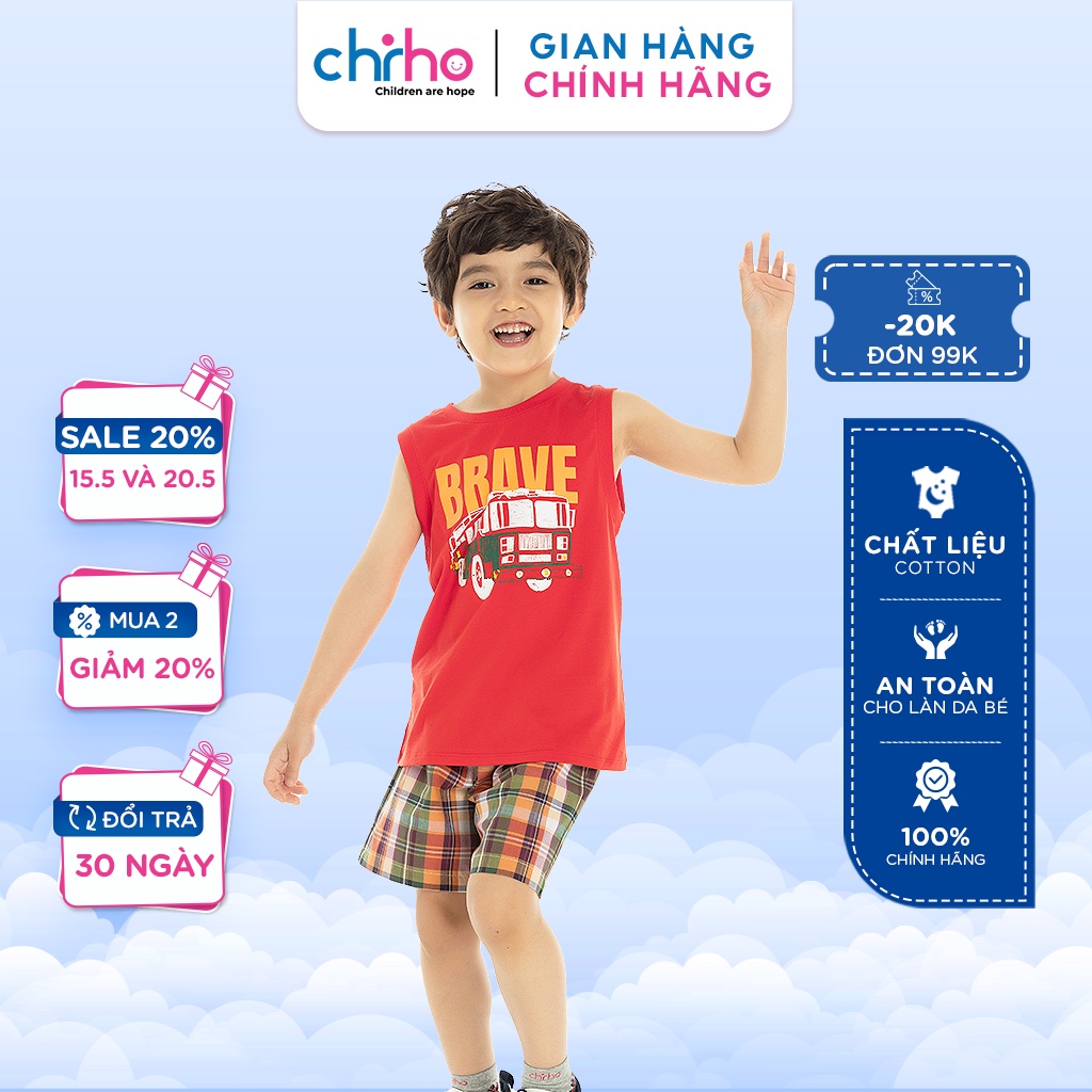Bộ Quần Áo Bé Trai CHIHO Set Đồ Trẻ Em Áo Sát Nách Phối Quần Short Kẻ Vải Cotton Thoáng Mát Từ 4 - 9 Tuổi BHS210R