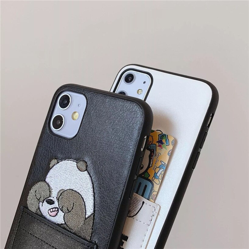 Ốp Điện Thoại Thêu Hình Gấu Có Ngăn Đựng Thẻ Cho iphone 13 pro max 11 12 14 xr xs x  7 8 plus