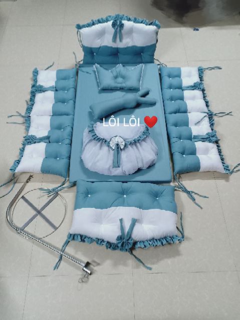 Combo quây cũi, ga chun, đệm, màn, khung màn, gối, thỏ ôm