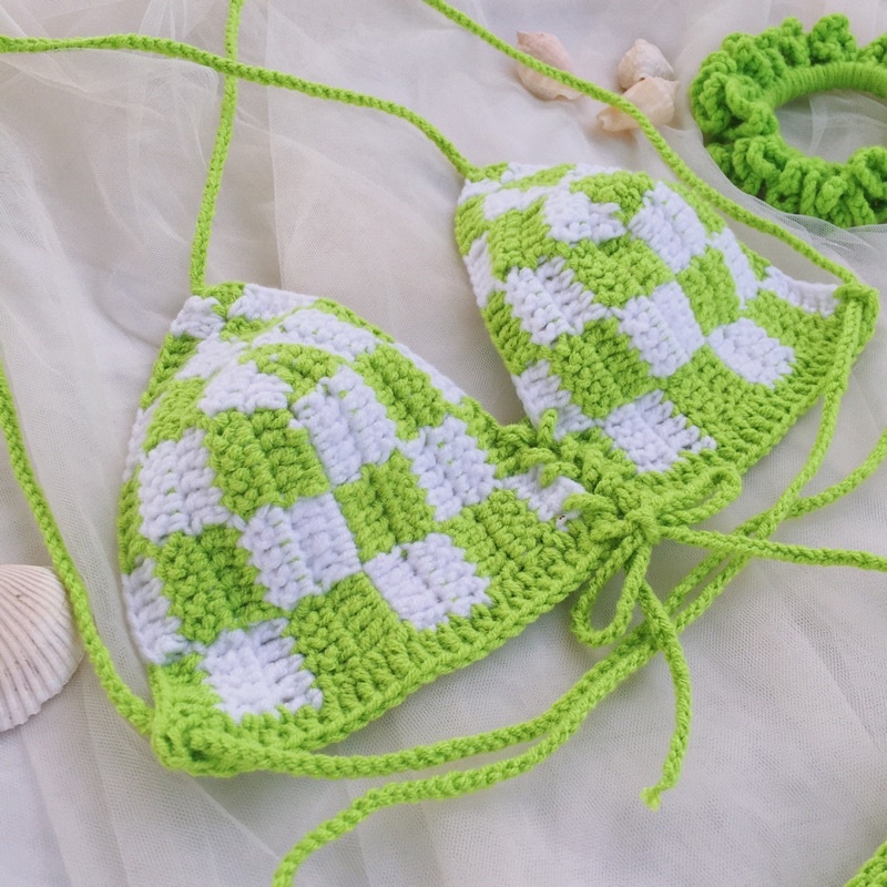 Set Bikini Caro Xanh Trắng, Bra Len Móc - xanhlanhes