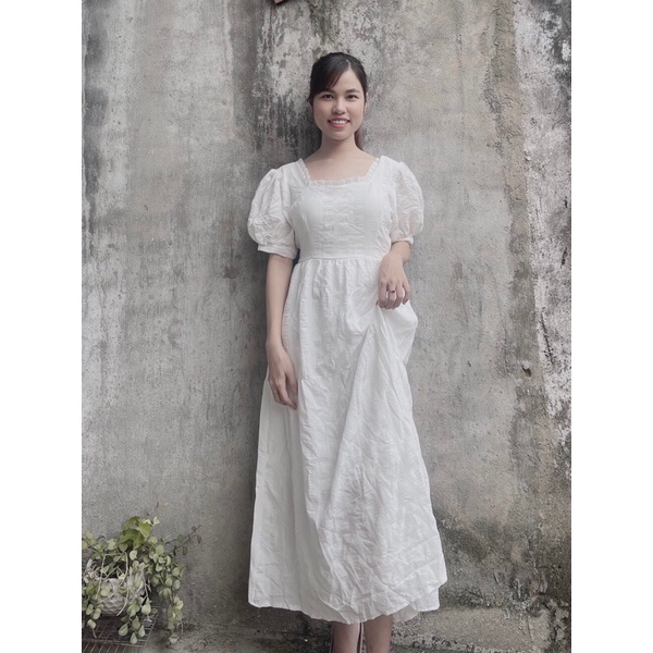 ĐẦM MIDI TRẮNG CÔ VUÔNG VIỀN NƠ LƯNG