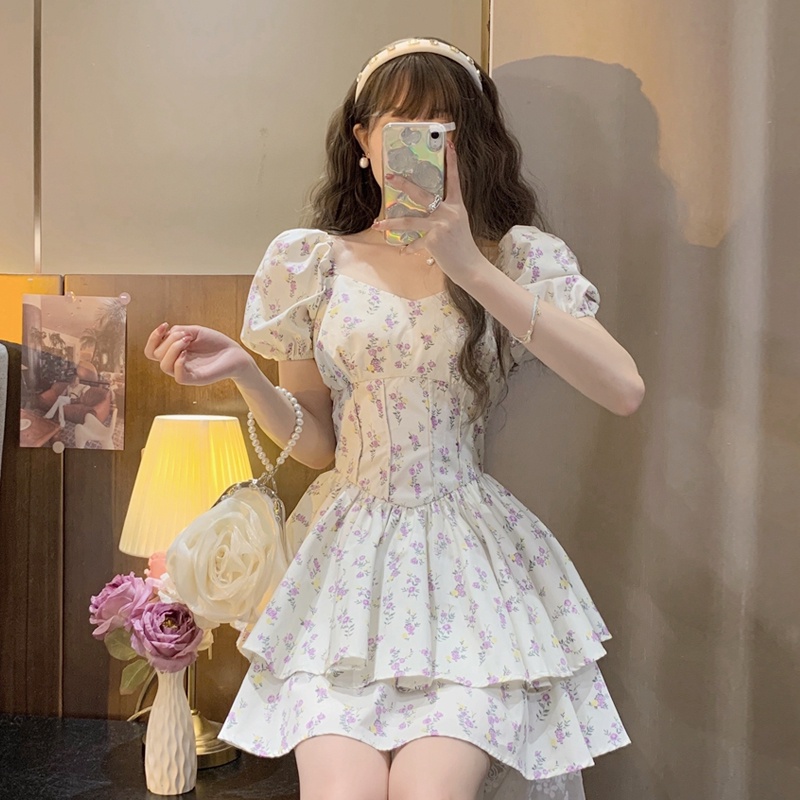 Váy Hoa Nhí vintage, Đầm Hoa Nhí vintage Cúp Ngực Cổ Vuông Tay Phồng Dáng Xoè Ngắn Tiểu Thư | BigBuy360 - bigbuy360.vn