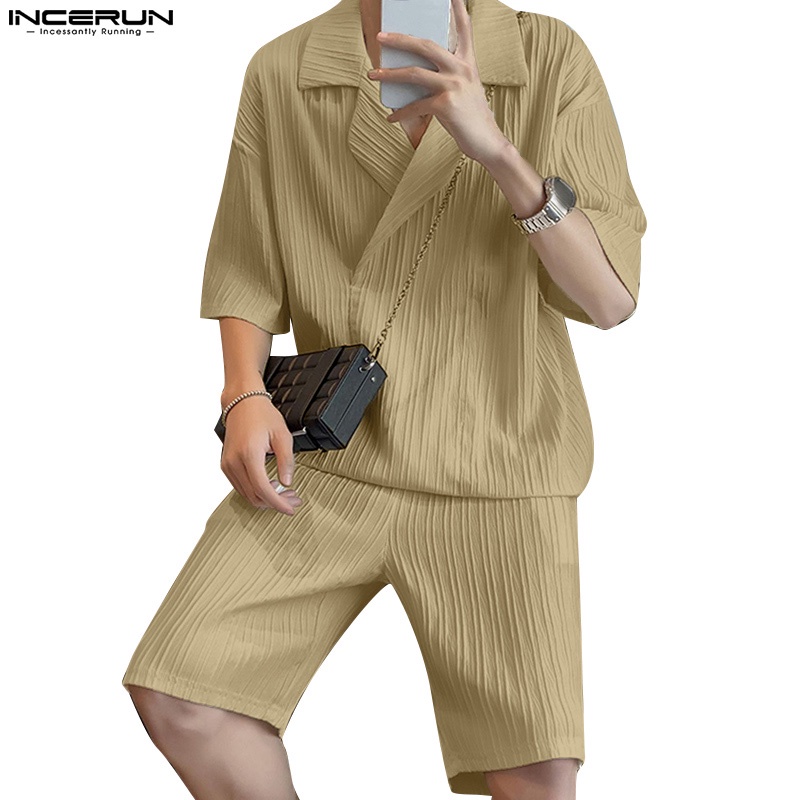 Set áo sơ mi ngắn tay + quần short INCERUN màu trơn cho nam