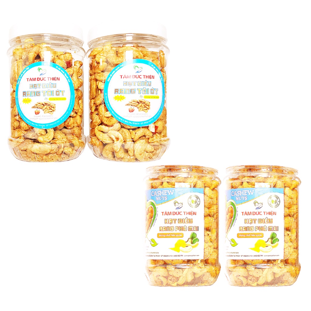Combo 1KG hạt điều rang tỏi ớt và rang phô mai Tâm Đức Thiện Nguyên liệu sạch - 4 x Hộp 250GR Tuỳ Chọn