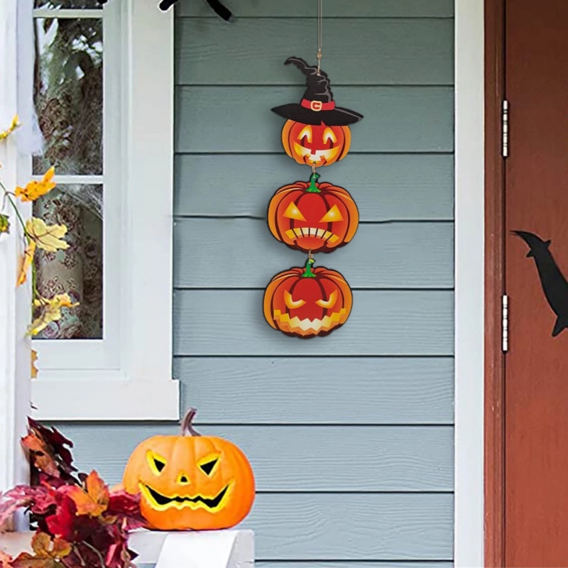 Happy Halloween Bí Ngô Grim Reaper Creepy Treo Cửa Trang Trí Mùa Thu Bằng Gỗ Creepy