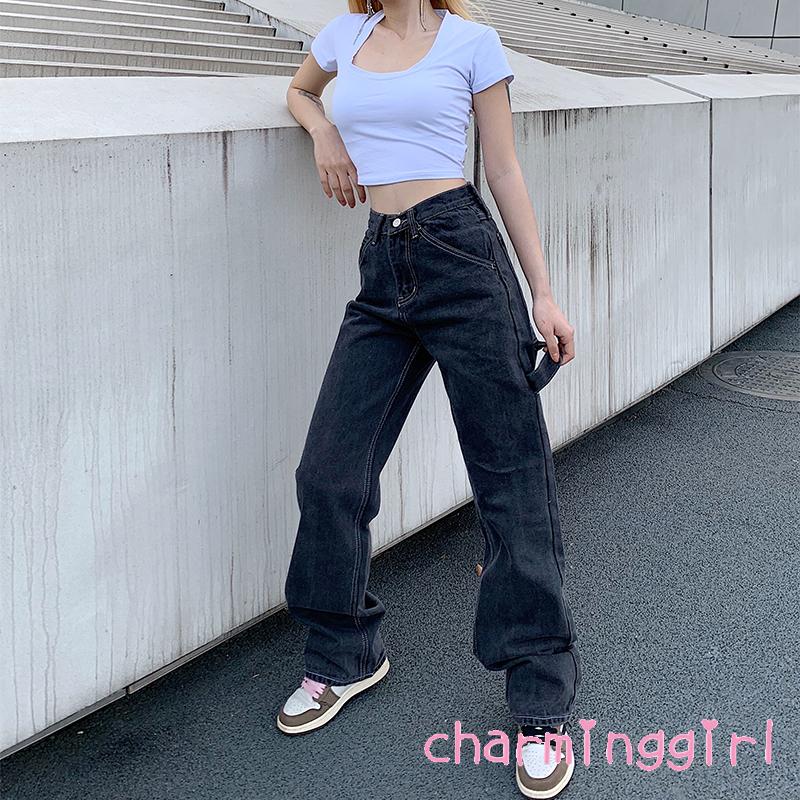 Quần Jeans Dài Lưng Cao Phối Màu Thời Trang Cho Nữ