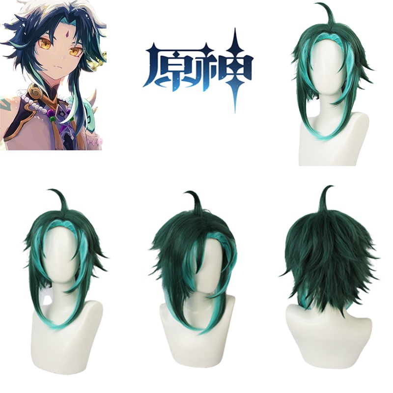 Genshin Impact Xiao Cosplay Wigs Mixed Dark Green Blue Short Hair Halloween Role Play WigsInky Blue Gradient Hair Gift