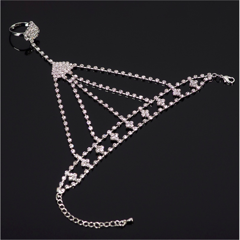 Lắc Tay Bạc Nữ Free Size Họa Tiết Pha Lê Chuỗi Liền Nhẫn Phù Hợp Dạ Tiệc Cô Dâu