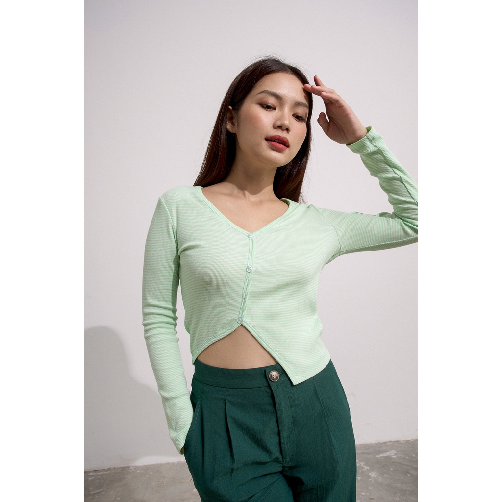 Áo Maybi ôm thun vạt chéo nút giả