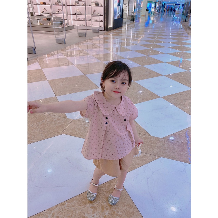 Bộ Quần Áo Cộc Tay Hoa Nhí Gắn Khuy Tiểu Thư Chất Vải Thô Linen Cho Bé Từ 8-20kg Mã CT26