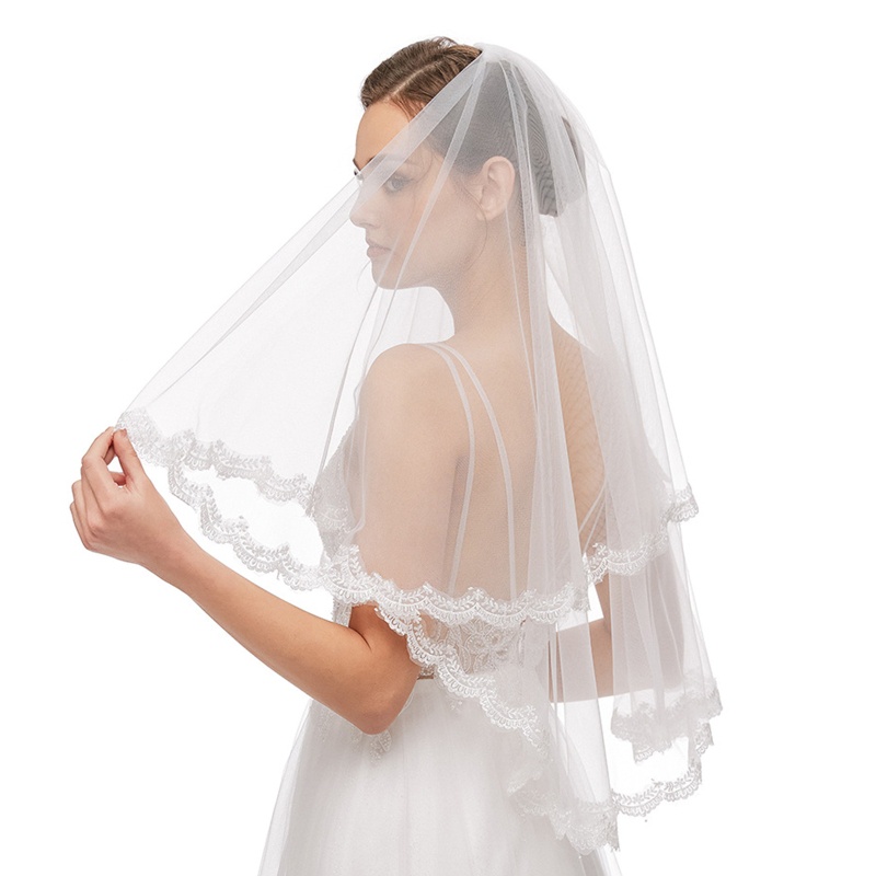 Mạng Che Mặt 2 Tầng Bằng Vải Tuyn Phối Ren Và Lược Kim Loại Trang Trí Cho Cô Dâu