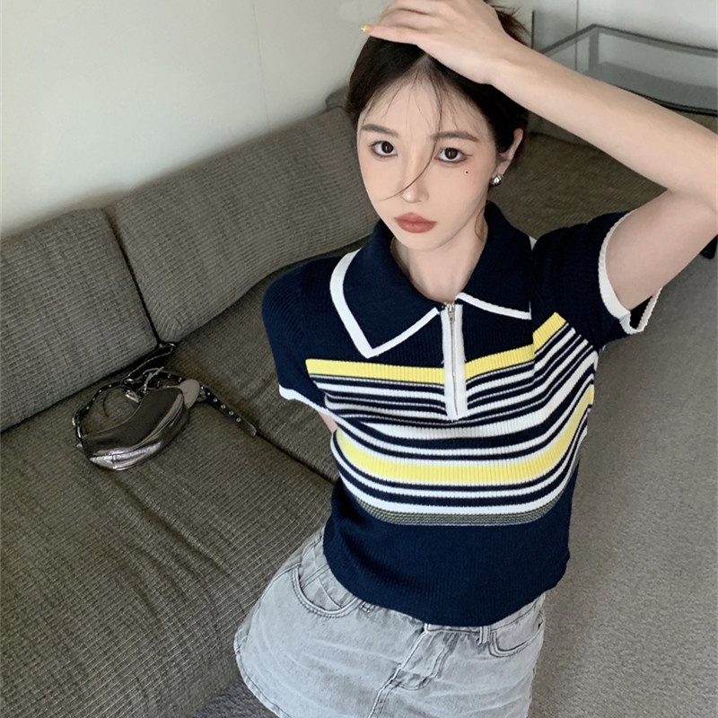 Áo Thun polo Dệt Kim Tay Ngắn Dáng Ôm Họa Tiết Kẻ Sọc Thời Trang